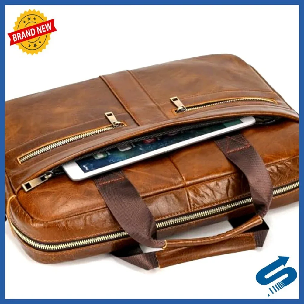Genuine Leather Briefcase for Men, Laptop Bag with Shoulder Strap, 15.6 Inch